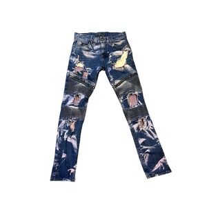 Kayden K Slim Distressed Ripped Bleach Wash Moto Jeans‎ - Men's
